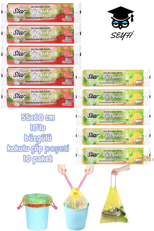 55x60 cm 10'lu büzgülü kokulu çöp poşeti 10 paket çöp torbası YERLİ ÜRETİM
