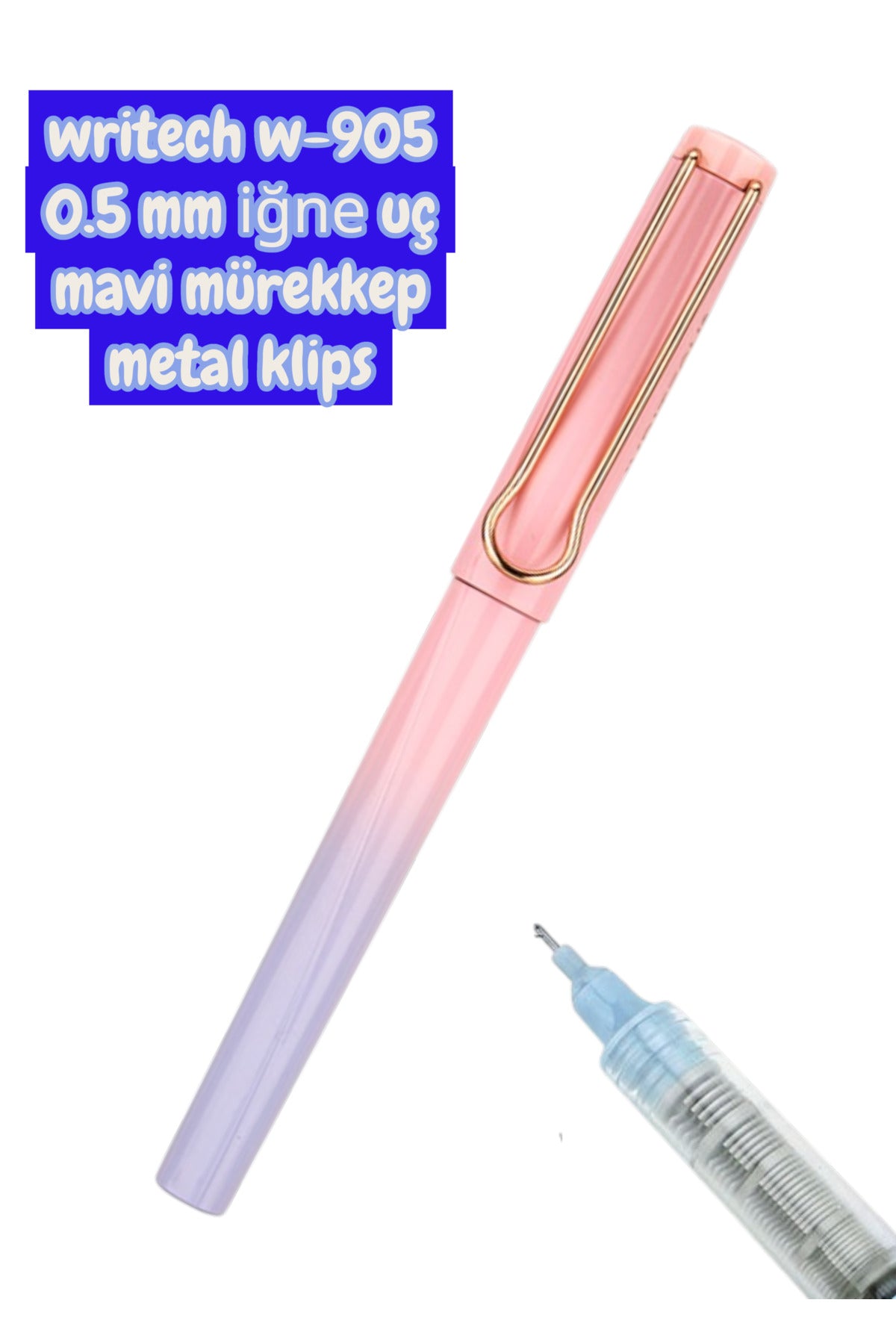writech W-905 ROLLER kalem 0,5 MM KALEM MAVİ mürekkep metal klips PEMBE-MOR