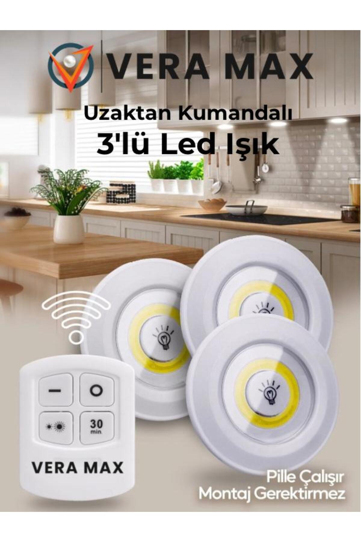 3 Lü Kumandalı Yapışkanlı Kablosuz Pilli Led Spot Lamba Işıldak seti