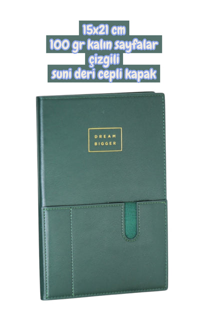 15x21 cm 100 gr kalın sayfalar çizgili suni deri cepli kapak not defteri