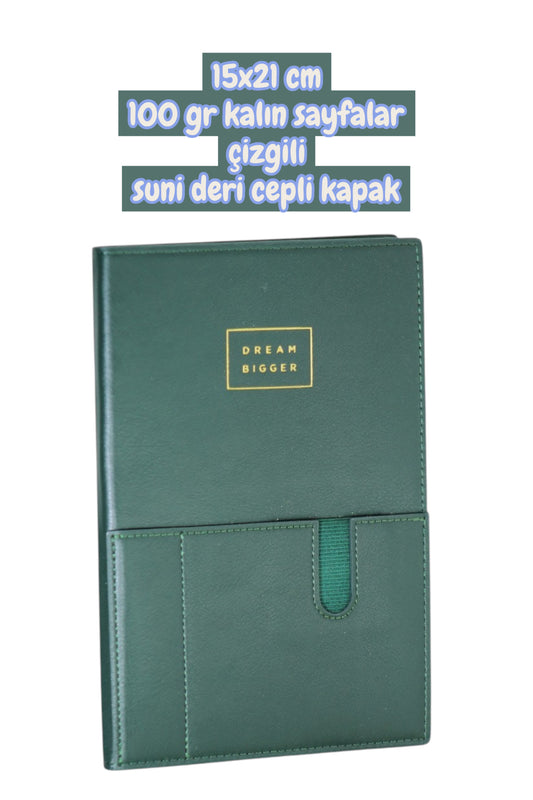 15x21 cm 100 gr kalın sayfalar çizgili suni deri cepli kapak not defteri