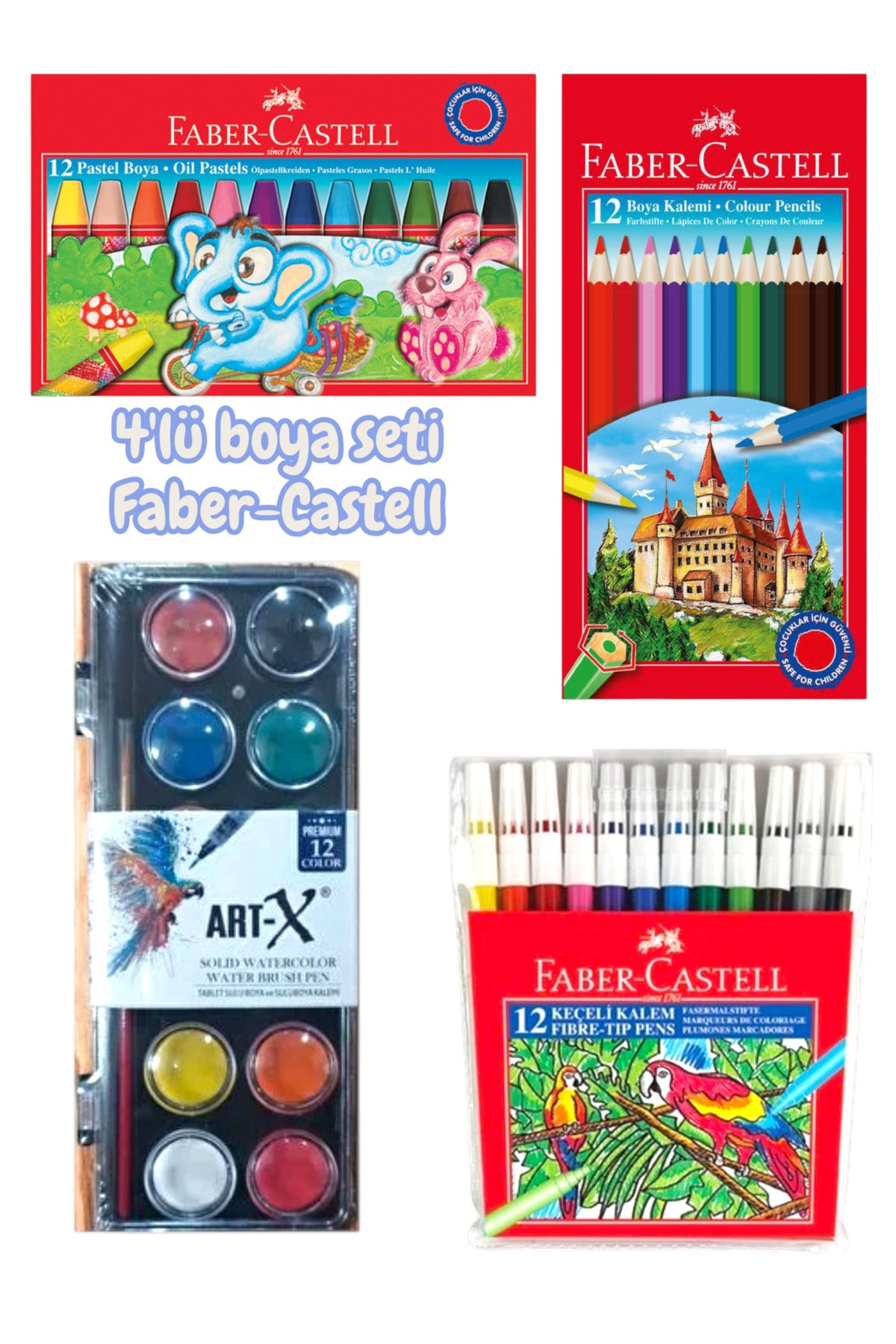 4'lü boya seti Faber-Castell boya seti kuru boya sulu boya pastel boya keçeli kalem seti okul paketi