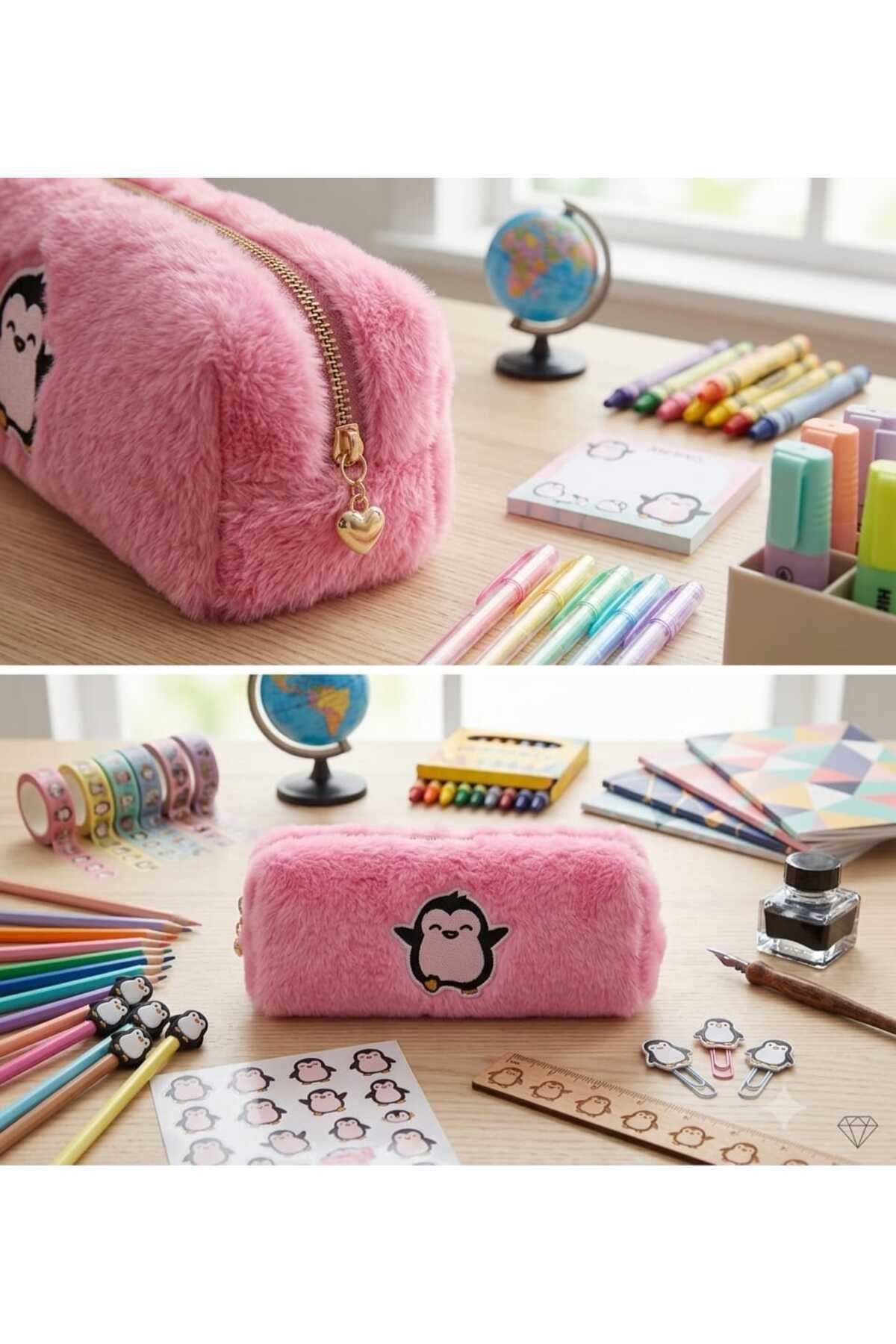 Peluş Kalem Kutusu Kalemlik Kalem Çantası 6x10x19 cm orta boy KOYU pembe panda