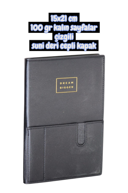 15x21 cm 100 gr kalın sayfalar çizgili suni deri cepli kapak not defteri