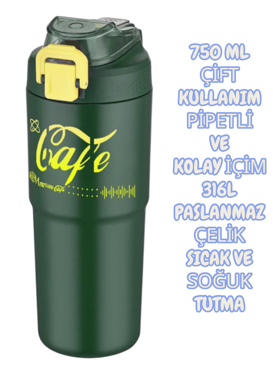750 ML MATARA ÇİFT KULLANIM PİPETLİ VE KOLAY İÇİM 316L PASLANMAZ ÇELİK
