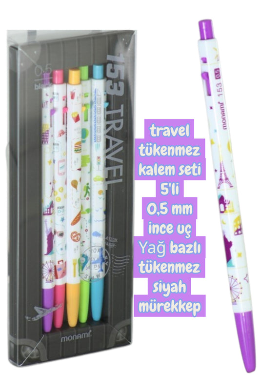 Monami tükenmez kalem seti travel 5'li kalem seti 0,5 mm yağlı mürekkep tükenmez kalem seti