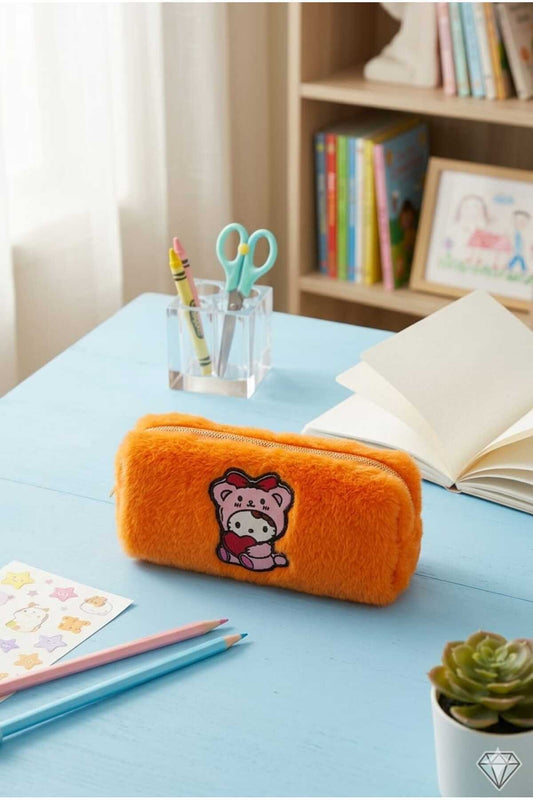 Peluş Kalem Kutusu Kalemlik Kalem Çantası 6x10x19 cm orta boy turuncu bebek