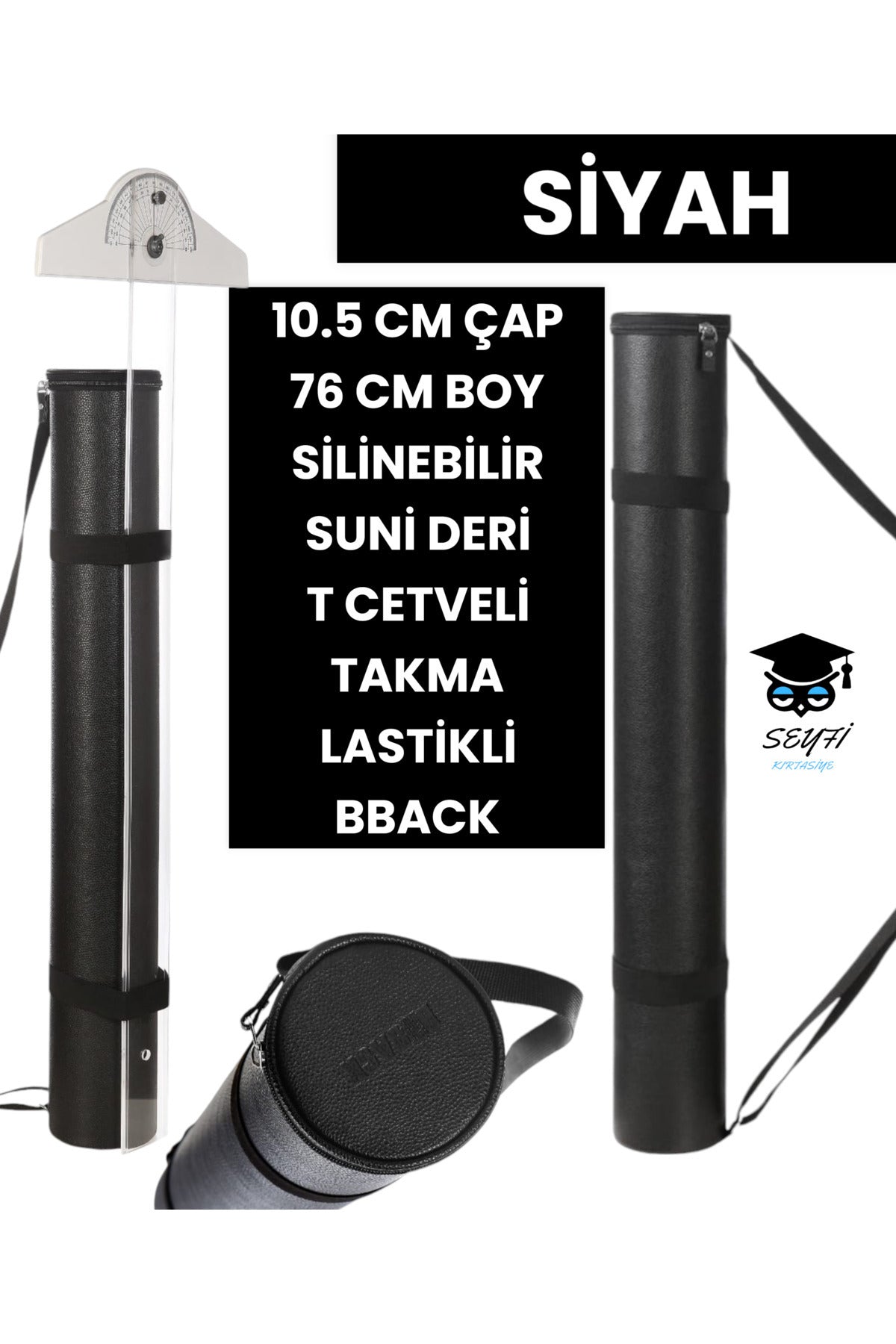 PROJE TÜPÜ BAZUKA 10.5 CM ÇAP 76 CM BOY SİLİNEBİLİR SUNİ DERİ T CETVELİ TAKMA LASTİKLİ BBACK