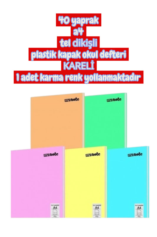 40 yaprak a4 tel dikişli plastik kapak okul defteri 1 adet karma renk yollanmaktadır KARELİ VE ÇİZGİLİ SEÇENEKLERİYLE