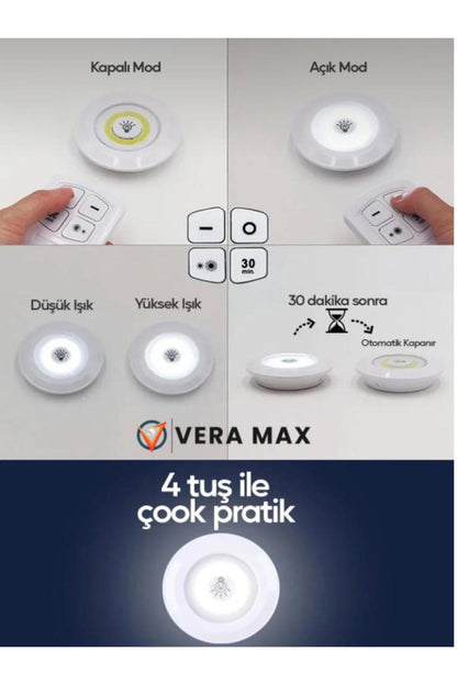 3 Lü Kumandalı Yapışkanlı Kablosuz Pilli Led Spot Lamba Işıldak seti