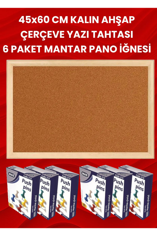 45x60 CM KALIN AHŞAP ÇERÇEVE YAZI TAHTASI 6 PAKET MANTAR PANO İĞNESİ