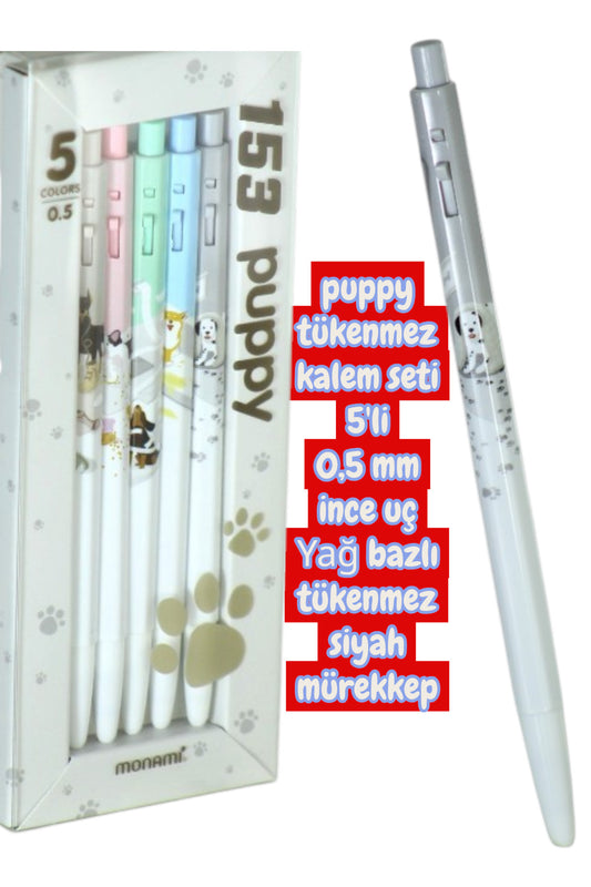 Monami tükenmez kalem seti puppy 5'li kalem seti 0,5 mm yağlı mürekkep tükenmez kalem seti