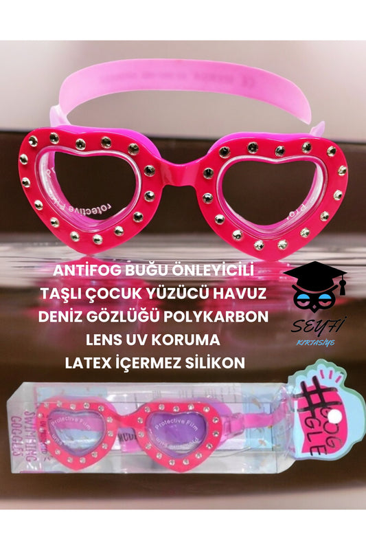 Pembe taşlı çocuk yüzücü havuz deniz gözlüğü, UV korumalı, antifog, polikarbon lens