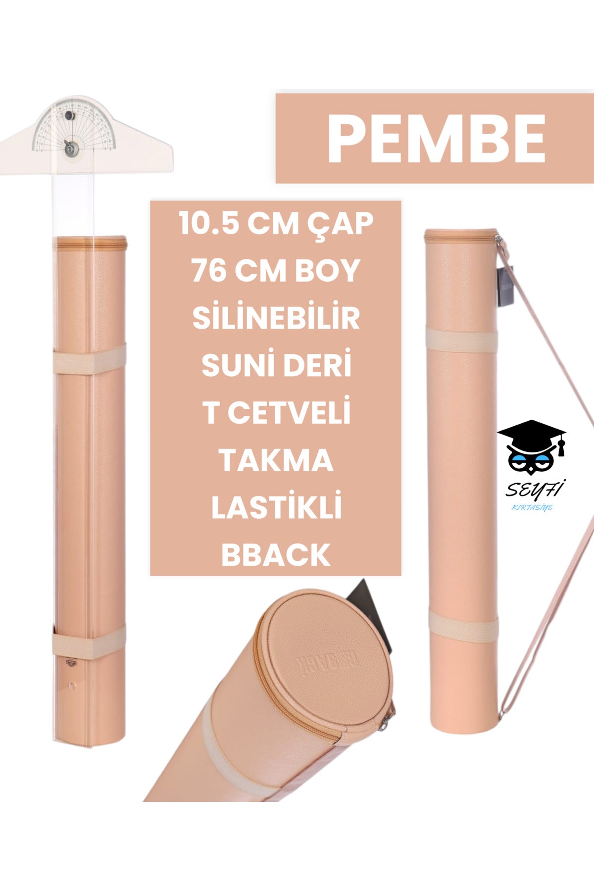 PROJE TÜPÜ BAZUKA 10.5 CM ÇAP 76 CM BOY SİLİNEBİLİR SUNİ DERİ T CETVELİ TAKMA LASTİKLİ BBACK