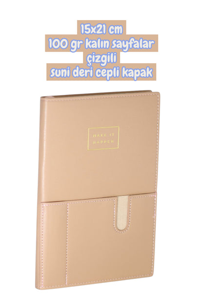 15x21 cm 100 gr kalın sayfalar çizgili suni deri cepli kapak not defteri